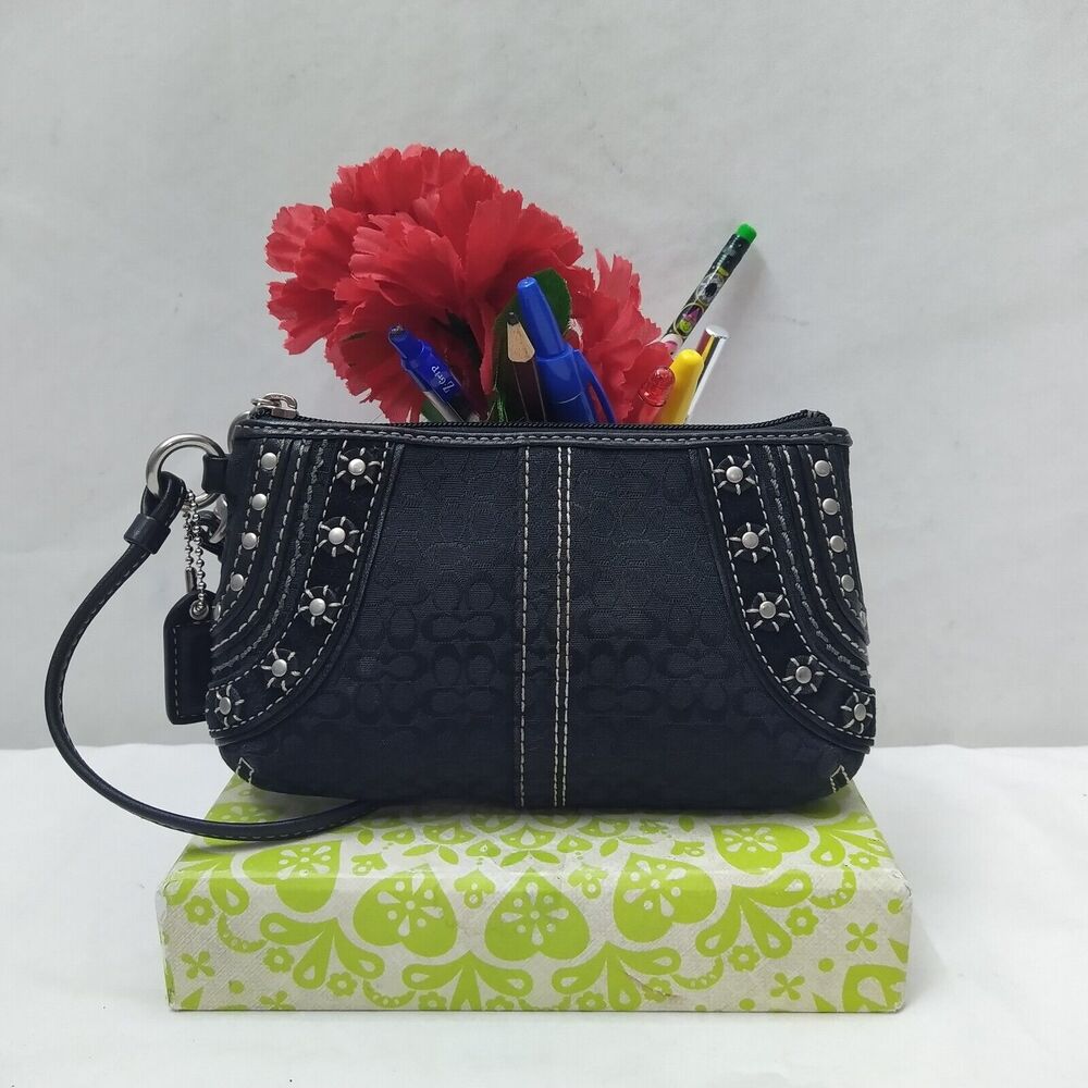 Coach Black Canvas Studded Stitched Zipper Closure Wristlet - Coin Wallet